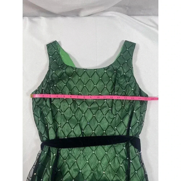 Coldwater Creek Emerald Green Diamond Party Dress Black Tulle Overlay Size 10 - Picture 7 of 8